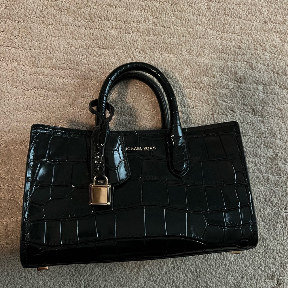 Michael Kors Black Croc-Embossed Patent Satchel